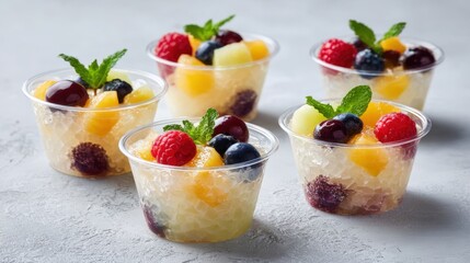 Colorful fruit gelatin cups with fresh berries and mint leaves on a light gray background