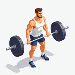 Fototapeta premium Isometric Man Lifting Barbell During Weightlifting Exercise in White Tank Top and Blue Shorts on White Background