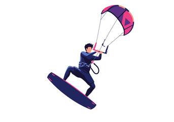 Kitesurfer in Action Man Riding Board with Kite Vector Illustration.