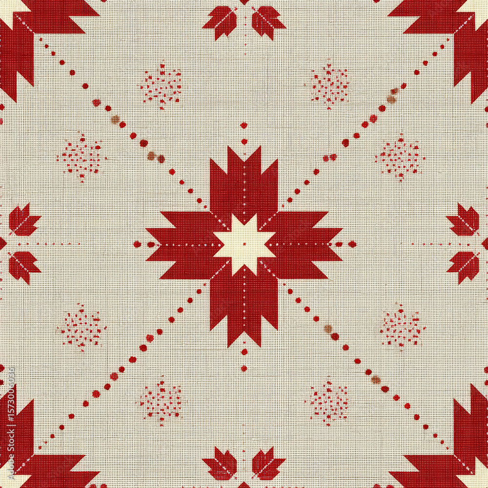 Poster seamless pattern of stitched star shapes with dotted elements in red and cream background for textil