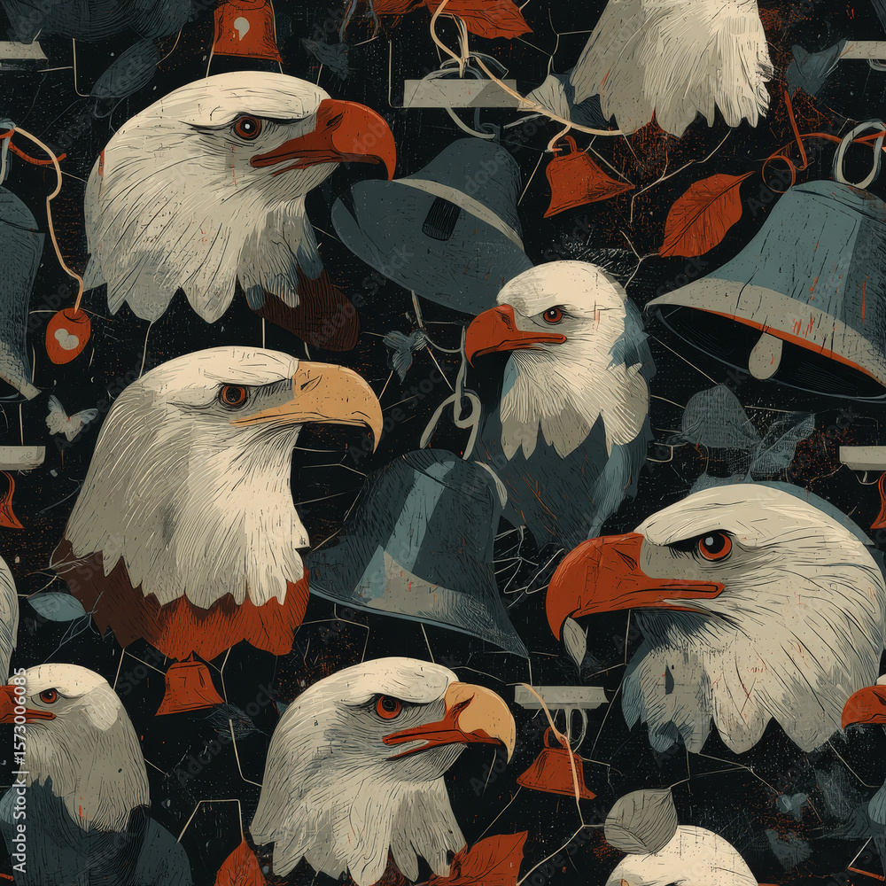 Poster seamless pattern featuring stylized bald eagle heads with bells and retro elements on a dark backgro