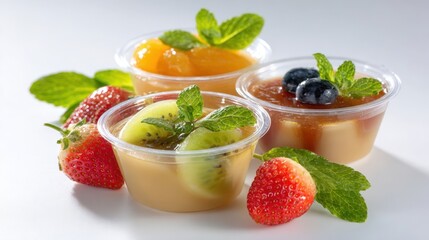 Three colorful dessert cups featuring kiwi, strawberries, blueberries, and mint leaves
