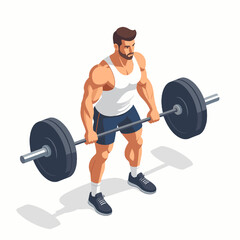 Isometric View of Muscular Man Lifting Barbell in Gym with White Tank Top Blue Shorts and Black Sneakers