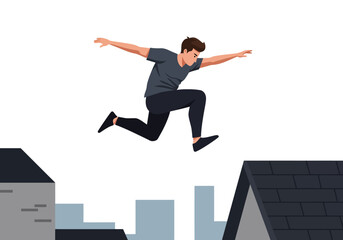 Fototapeta premium Man in Gray Shirt and Dark Pants MidAir Jump Arms Extended.