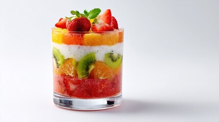 Colorful layered fruit parfait in a glass with fresh strawberries, kiwi, and mint garnish