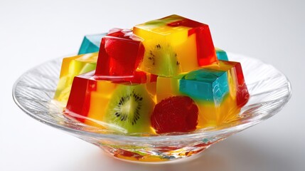 Colorful gelatin dessert with fruit pieces served in a decorative glass dish on a plain background