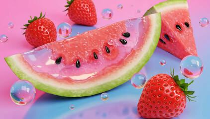 Fresh Summer Fruit Combination with Watermelon and Strawberries on Pink Background