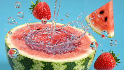 Refreshing Water Splash with Watermelon and Strawberry Inside Fruit Bowl