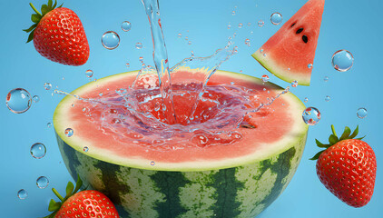 Refreshing Water Splash with Watermelon and Strawberry Inside Fruit Bowl