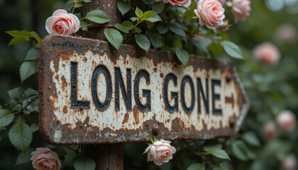 Rusted 'LONG GONE' Metal Sign with Arrow Surrounded by Blooming Pink Roses, Nostalgia and Time Concept