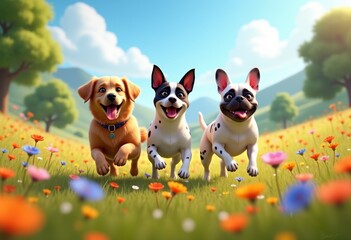 diverse dog breeds playing vibrant outdoor settings colorful landscape adventure happiness playfulness, canine, pets, outdoors, nature, forest, park