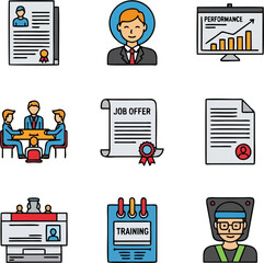 Nine icons depicting job application, interview, performance chart, job offer, training, and employee identification.