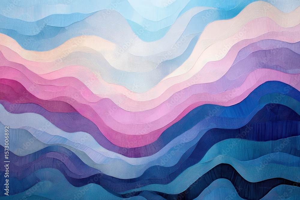 Poster abstract landscape with layered wavy patterns in soothing pastel colors enhancing visual tranquility