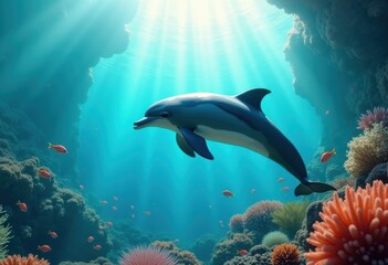 dolphin swimming turquoise water crystal clear marine life ocean adventure, sea, coral, reflection, underwater, animal, creature, nature, hbitat, ecosystem