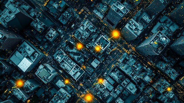 city aerial view with real-time SIM-powered data points glowing across buildings and vehicles, visualizing a hyper-connected urban environment. smart city sim, aerial city tech, urban communication, 