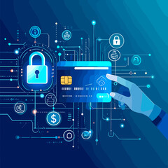 Digital Financial Security Illustration Featuring Credit Card Lock and Hand in Blue Tones