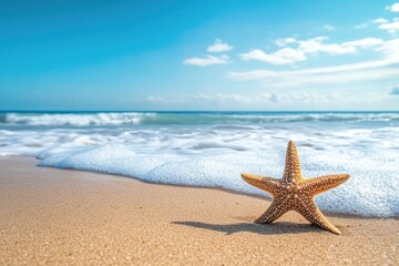 Starfish resting on sandy beach with gentle waves and clear blue sky during daylight, Starfish on sandy beach with waves and blue sky background