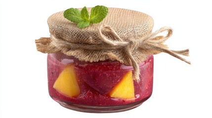 A jar of vibrant fruit jam featuring peach and berry chunks, beautifully presented with a rustic lid