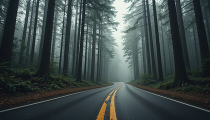 Empty Asphalt Road Winding Through Dense Foggy Forest with Tall Trees, Mysterious Nature Journey
