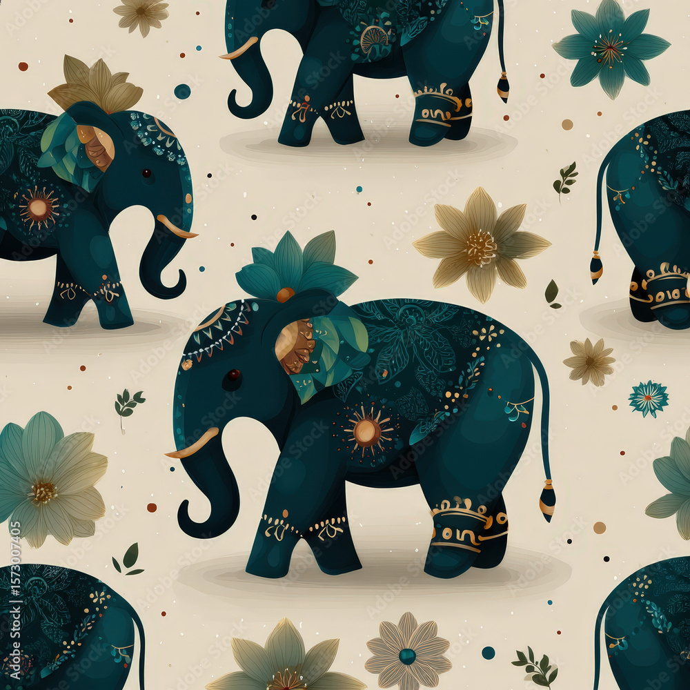 Poster seamless pattern of stylized elephants with mandala design and floral elements in soft color palette