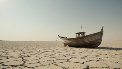 Old Abandoned Wooden Fishing Boat Resting on Severely Cracked Dry Earth, Symbol of Drought and Environmental Desolation.