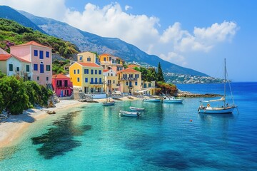 Fototapeta premium Vibrant coastal village with colorful houses and boats in Kefalonia, Greece during sunny day, Tourist destination in Greece Kefalonia island greek summer resort