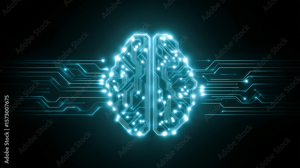 Poster a glowing human brain integrated into a futuristic circuit board, symbolizing artificial intelligenc