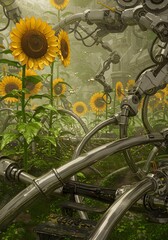 Fototapeta premium Sunflowers and Steel A Futuristic Garden of Mechanical Harmony