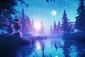 Obraz premium Fuzzy static loading screen featuring an animated graphic of a serene night landscape with trees and a moon, Fuzzy Static Loading Screen With Animated Graphic