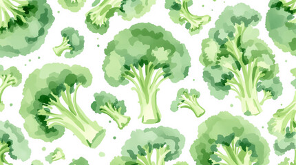 Fresh green cabbage broccoli seamless pattern. Hand drawn vector illustration, watercolor splashes background. Vegetarian eco food product, organic, vegan nutrition. For recipe book, menu cover design