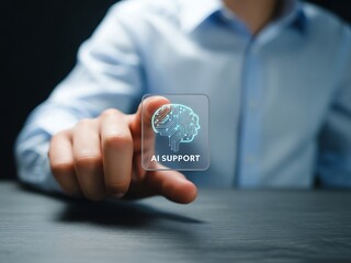 Person touching digital brain interface for artificial intelligence support technology digital interface