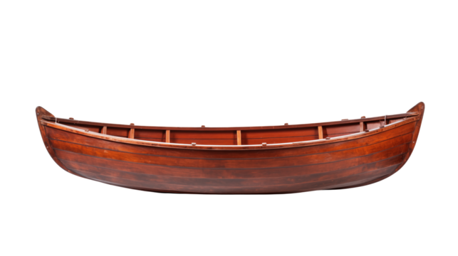A classic brown wooden rowboat floatsisolated on transparent background, ready for adventures on water.