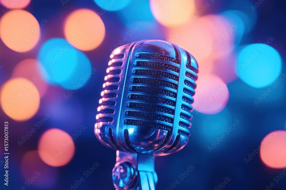 Poster retro microphone shines on stage with vibrant colorful lights in the background at an evening event,
