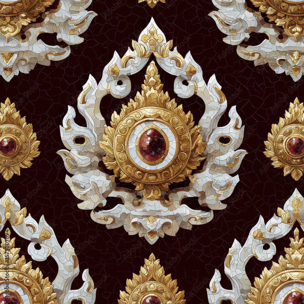 Poster Stylized Kanok Flame Motifs in a Seamless Pattern with Intricate Design Elements for Elegant Decoration