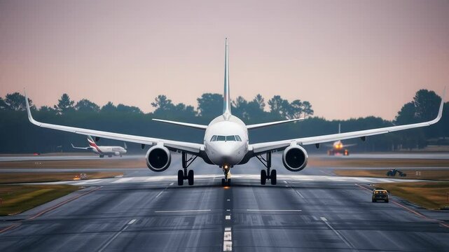 A large airplane is landing on a runway at an airport