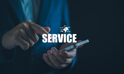 Business service online technology, Businessman touching digital globe hologram, Quality...