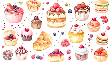 Watercolor Sweet desserts pattern on white background	