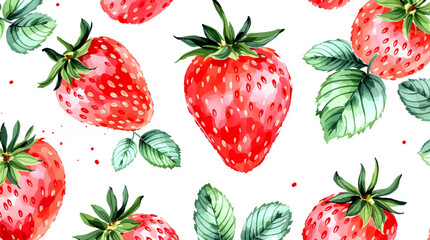 Seamless strawberry pattern with ripe red berries and green leaves on a sweet summer background