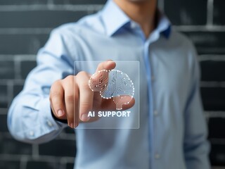 Person touching digital brain interface with A I support text image