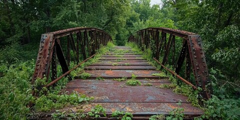 Obraz premium A rusted iron bridge reclaimed by nature with vines