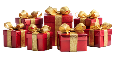A collection of red and gold christmas presents with shiny ribbons and bows are stacked, creating a festive and celebratory arrangement isolated on transparent background