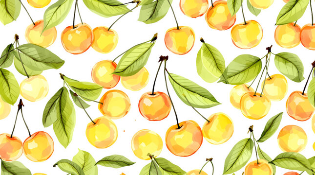 Watercolor background pattern yellow cherries on white background	