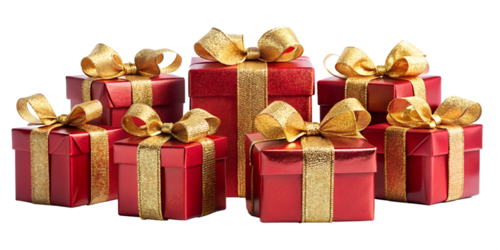 A collection of red and gold christmas presents with shiny ribbons and bows are stacked, creating a festive and celebratory arrangement isolated on transparent background