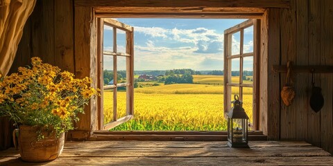 A rustic barn house with antique wood, lanterns, and views of golden fields