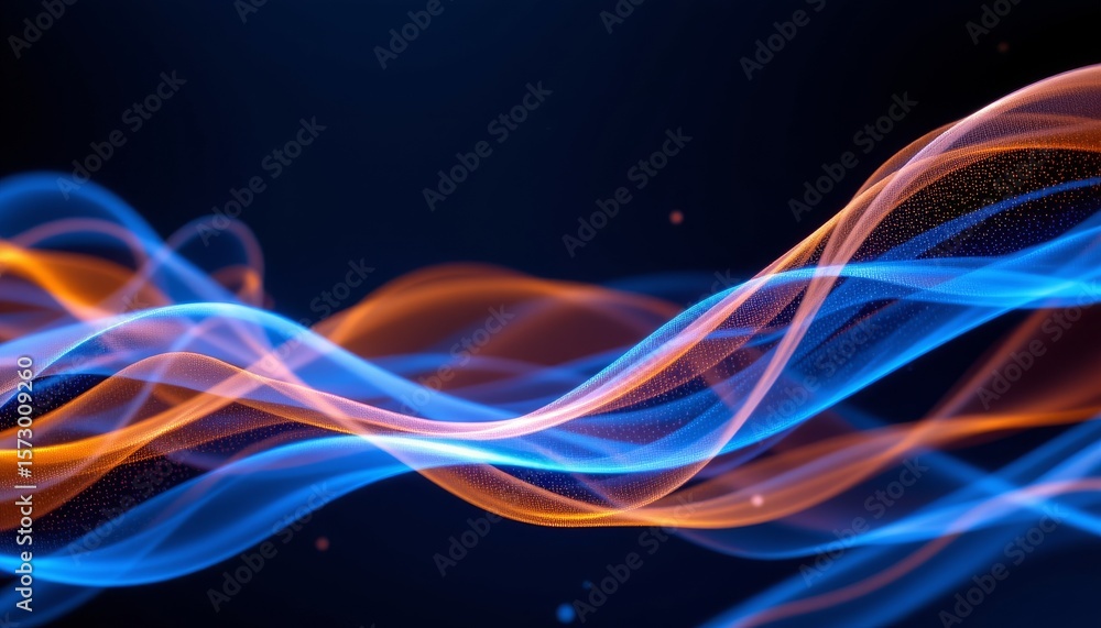 Poster glowing abstract blue and orange wavy light streams with particle effects on a dark background