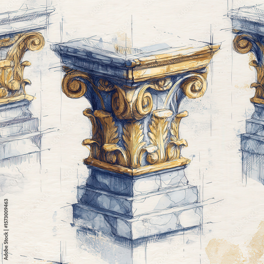 Poster stylized seamless pattern of ornamental temple columns with artistic details and textured background