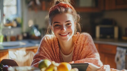 Happy Woman Using Tablet in Kitchen.