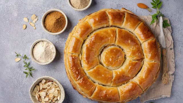 Pastilla, Moroccan pastry, Savory pie filled with chicken and almonds, Warm golden tones, Soft lighting, Exotic and flavorful
