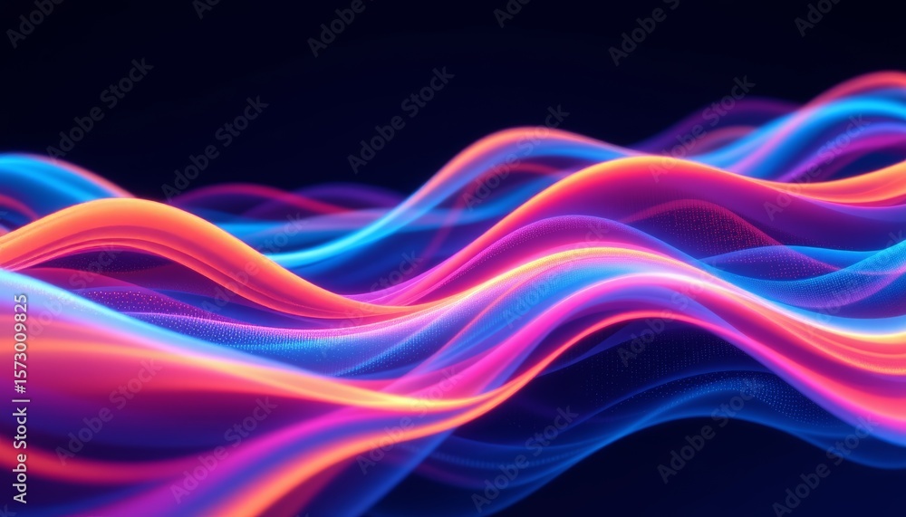 Poster abstract glowing wavy lines with neon colors and particle effects on a dark background