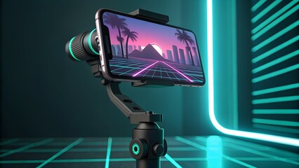 Smartphone Gimbal Capturing Retro Wave Scene in Neon Studio